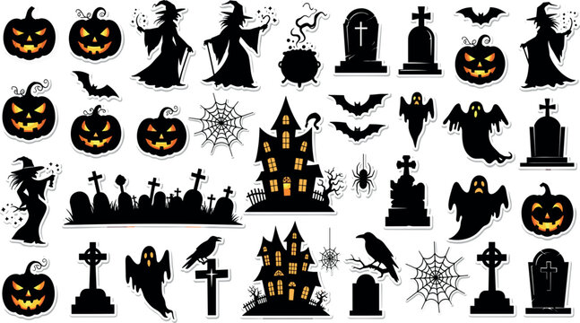 Halloween sticker collection vector illustration with spooky silhouettes of pumpkins ghosts witches haunted houses and graveyard elements
