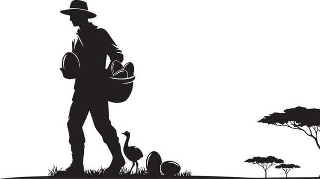 Black silhouette of man collecting ostrich eggs with bird