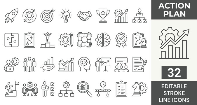 Action plan icon set. Editable line icons. Vector illustration.