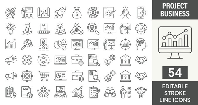 Project business icon set. Editable line icons. Vector illustration.