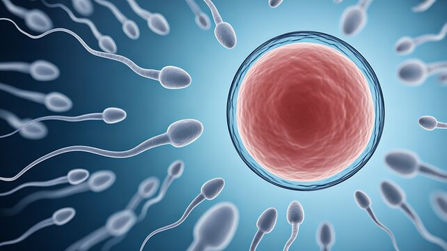 Human egg cell surrounded by sperm cells illustrating fertilization and reproductive biology concept