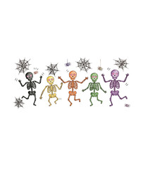 Fototapeta premium Halloween dancing skeletons illustration, colorful cartoon skeleton characters with spider webs, spooky festive party banner on white background