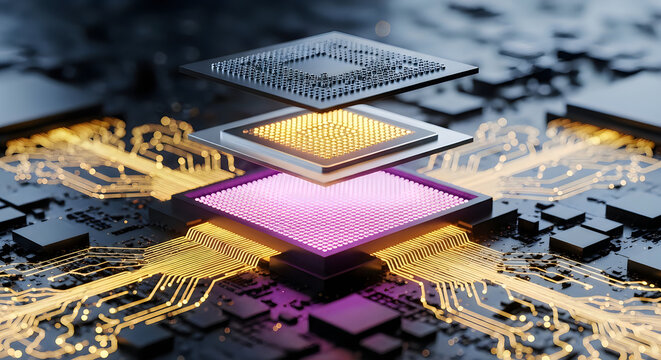 Close up of high tech computer processor chip showing multilayered design with logic board, computer
