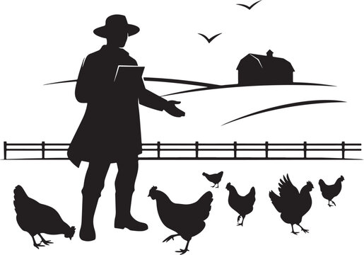 Black silhouette of man feeding chickens on farm with barn 