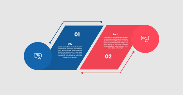 Buy vs rent financial decision infographic template with slope or tilt skew vertical box with circle on sharp edge with 2 points comparison flat style