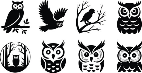 Obraz premium Black Silhouette Vector Illustrations of Owls Featuring Flying Owl, Perched Owl, Stylized Owl Faces, and Forest Scene Designs