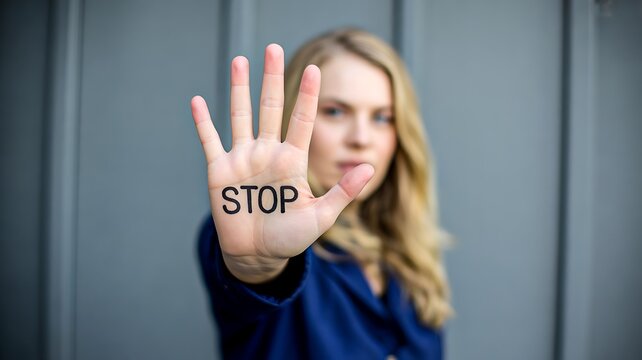 Woman showing stop gesture against harassment violence and discrimination