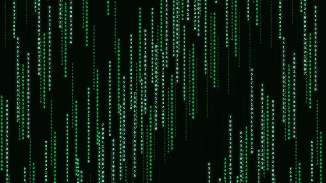 The green neon Matrix Raining numbring Code on black Background