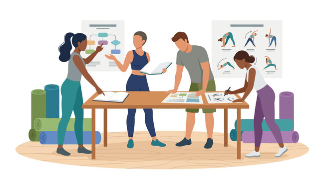 Flat faceless illustration of diverse fitness instructors and yoga teachers collaborating around a table to plan workout routines and yoga sequences in a modern studio setting.