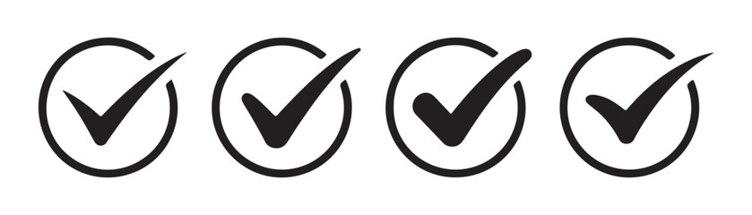Selection of four black check mark signs inside circles isolated on a white background image. © Update