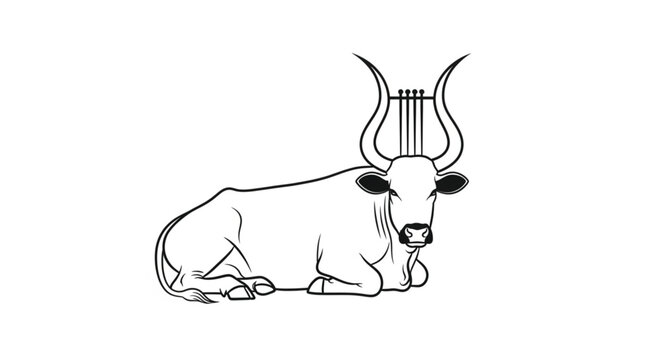 Bull with large curved horns lying down.