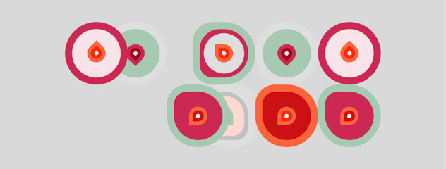 Fototapeta premium Colorful circles, droplets, location pins present. Simple graphic design, flat illustration style. Light gray background dominates image.