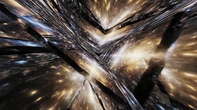 Abstract three-dimensional geometric structure with layered mirror reflections creating a deep perspective illusion featuring cosmic nebula textures in purple and blue tones.