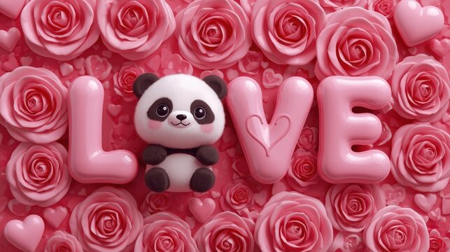 Cute little panda bear sitting in the middle of pink roses and big love letters for valentines day