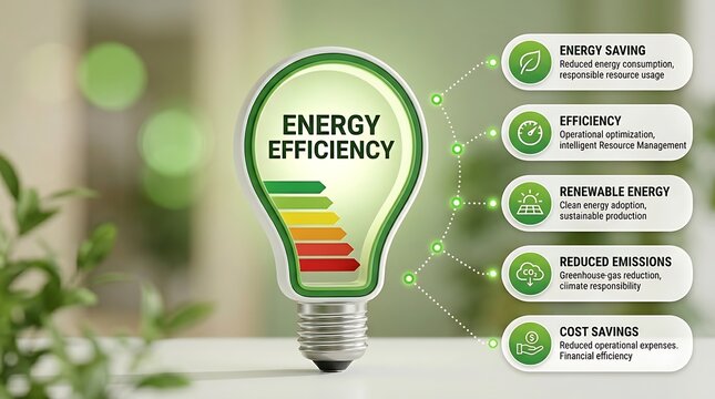 Energy efficiency concept with a glowing light bulb and infographic icons for saving, renewable power, reduced emissions, and cost savings