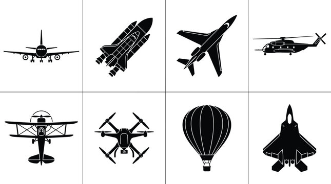 Collection of aircraft and aviation icons featuring a commercial plane space shuttle drone helicopter and military jet silhouettes