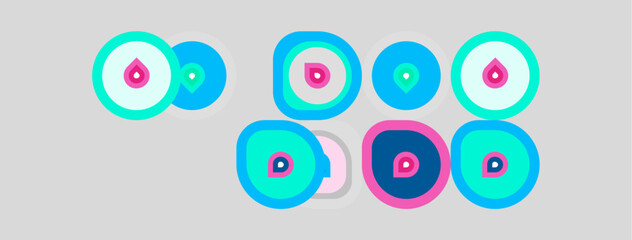 Fototapeta premium Colorful eyes, possibly charms, arranged on gray background. Round shapes dominate composition, featuring teal, pink, blue hues.