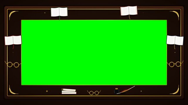 Vintage Library Green Screen Border Frame with Books and Quill