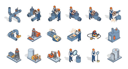 Fototapeta premium Isometric Industrial Workers and Equipment Set for Oil and Gas Industry.