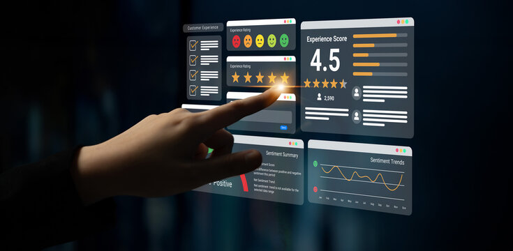 Feedback system with ratings, sentiment meter, and charts representing customer satisfaction and experience analysis Parse