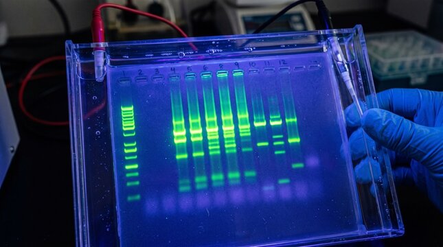 Close-up of a scientist holding an agarose gel with DNA bands illuminated under UV light in a molecular biology laboratory for genetic analysis and research.