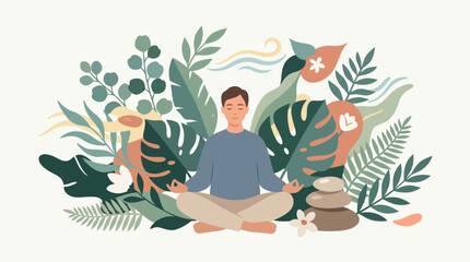 Calm person meditating amid lush greenery and decorative plants in a tranquil nature inspired setting. © Auhaz