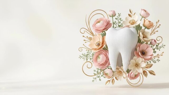 White tooth encircled by pink and white flowers with golden swirls. Dental health and oral hygiene concept. Beautiful smile illustration for dentistry and wellness