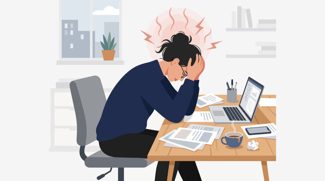 Overwhelmed office worker sitting at a cluttered desk with laptop and papers, showing stress and fatigue.