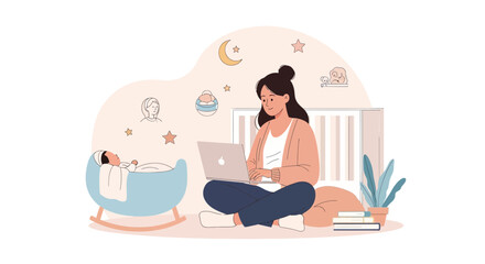 Obraz premium Mom working from home with baby in crib, balancing career and family life. Vector illustration.