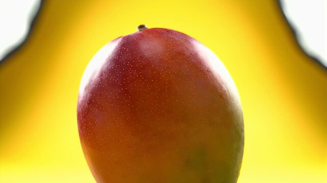 Close up of a ripe red mango with water droplets against a bright yellow background