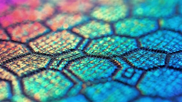 A colorful, iridescent pattern of hexagonal cells with shimmering hues of blue, purple, and green