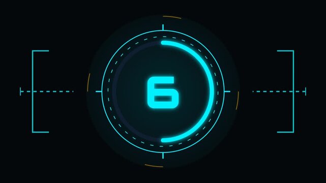 Futuristic scifi HUD countdown timer with rotating neon cyan and orange circles from ten to one on dark black background