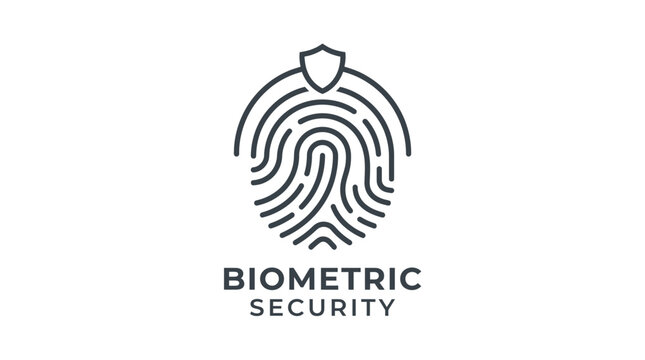 Biometric security system with fingerprint and shield logo on white