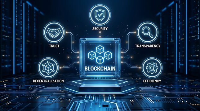 Blockchain technology concepts of trust, security, transparency, decentralization, and efficiency for digital business solutions and corporate marketing strategies.