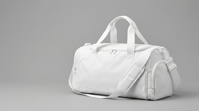 Isolated plain white duffle gym bag mockup for branding featuring spacious compartment with durable handles and shoulder strap