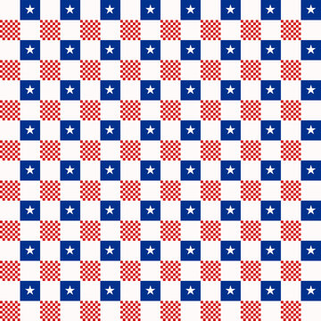 Seamless patriotic pattern featuring blue star squares alternating with red gingham checker blocks in a classic quilt-inspired layout.