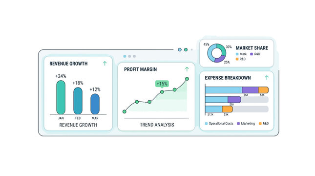 Business graphs and charts display revenue growth and market share
