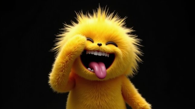 Cute fluffy yellow monster character laughing out loud with a big smile and sticking its tongue out on black background