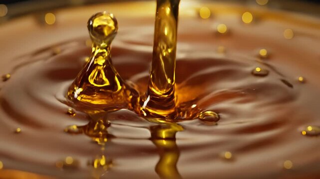 Golden liquid pouring creating ripples