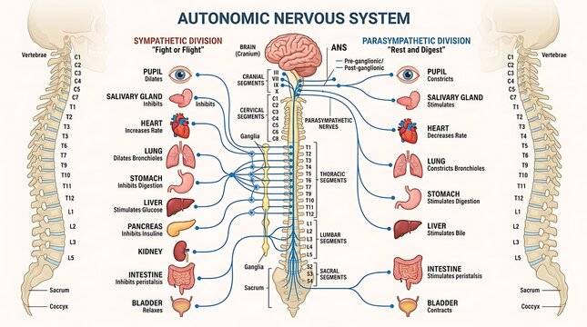 Detailed chart of the human autonomic nervous system and spinal cord