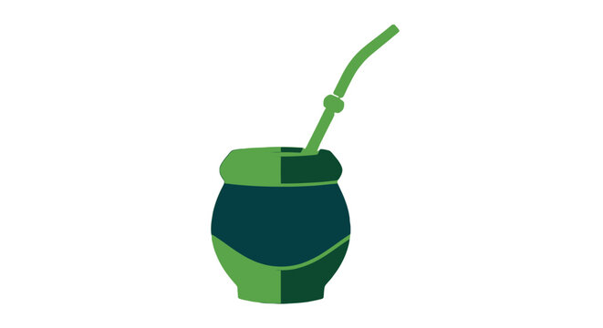 Green ceramic gourd vessel with curved drinking straw detail.