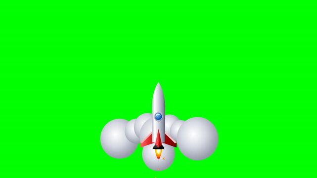 Cartoon Rocket Launching Upward With Smoke On Green Screen Background