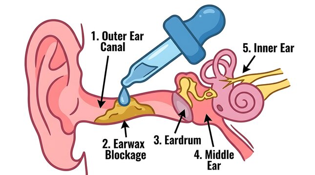 Medical illustration showing earwax removal using ear drops