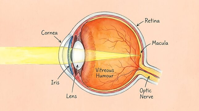 Anatomical diagram of human eye structure and light refraction