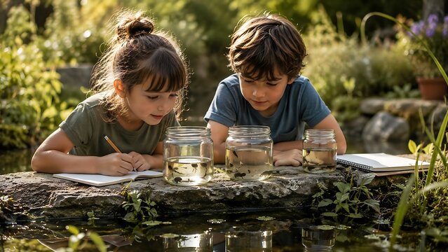 Curious children observing tadpoles in jars outdoors