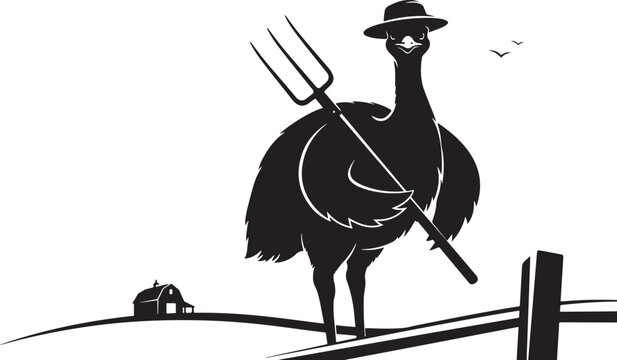 Black silhouette ostrich wearing hat holding pitchfork
