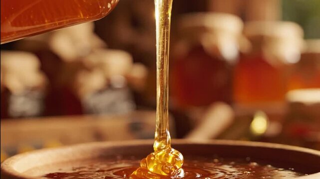 Rich, golden honey gracefully cascades into a rustic wooden bowl, embodying the pure concept of natural sweetness and wholesome, farm-fresh goodness