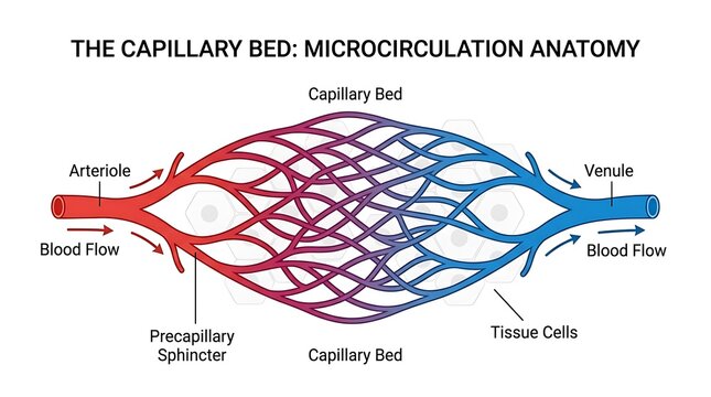 Diagram of capillary bed microcirculation anatomy with blood flow