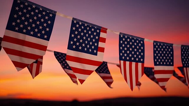 American Flag Bunting Decoration Against Fiery Sunset Sky