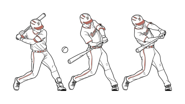 Baseball player swinging bat in three stages of motion isolated on white background